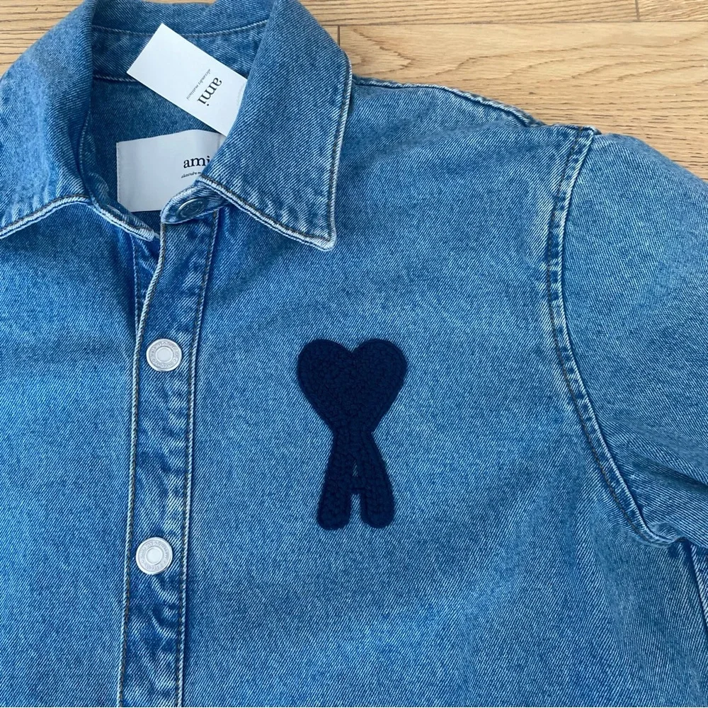 Ami Paris Coeur Denim Overshirt Button Down Shirt Oversized Heart Blue Jean M - Picture 2 of 15